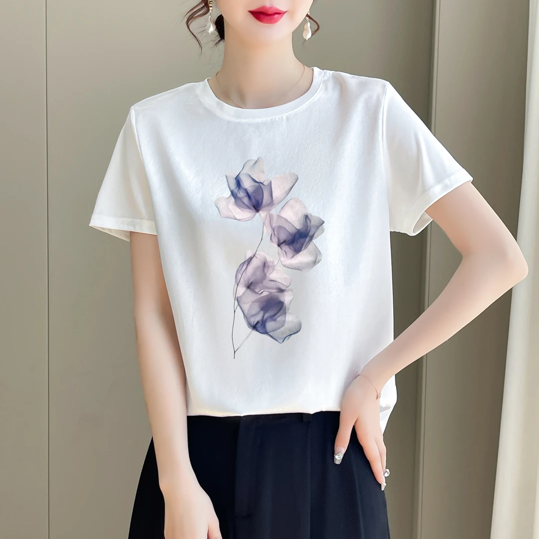 1504新款丝滑缎面冰凉感百搭时尚休闲女T恤AB拼接短袖