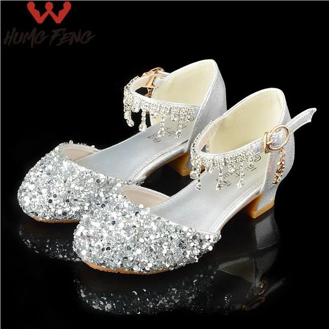 爱莎公主水晶礼服钢琴演出鞋走秀单鞋银色高跟小皮鞋儿童生日礼物