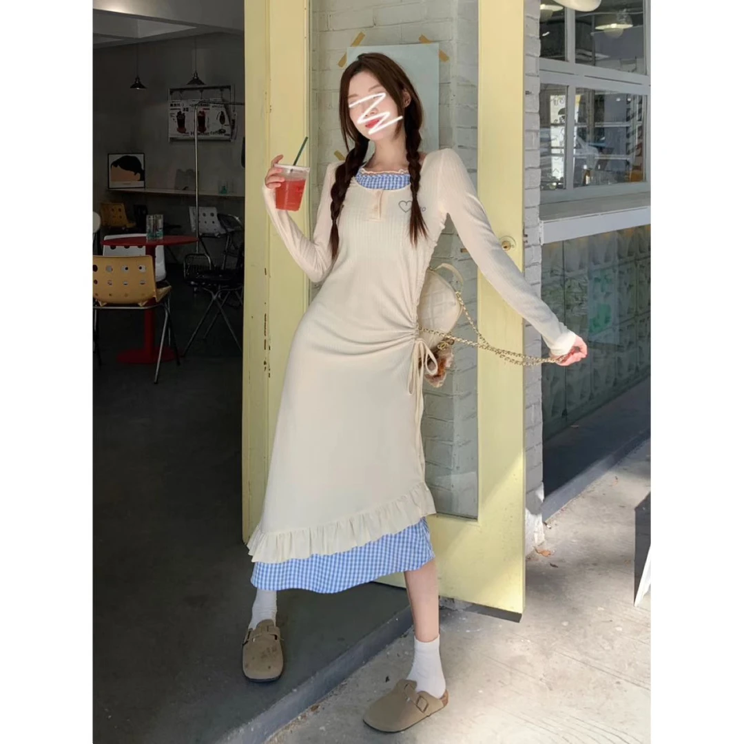 海盐甜心纯欲假两件连衣裙女秋氛围不规格挂脖针织设计感短裙8103