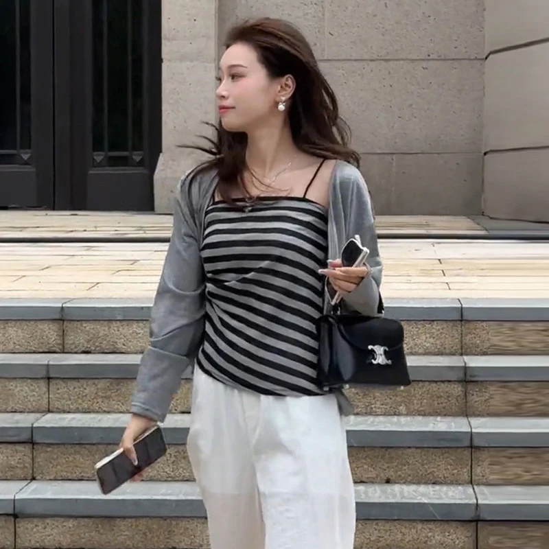 2025韩系设计感褶皱条纹吊带慵懒风长袖防晒衫外套休闲两件套上衣