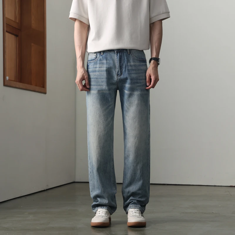 夏季薄款浅色轻薄牛仔裤男款潮宽松直筒长裤子新款复古美式百
