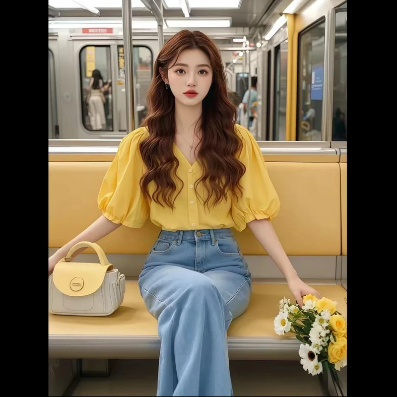 超好看黄色短袖衬衫女温柔淑气质法式绝美泡泡袖短袖衬衫上衣女