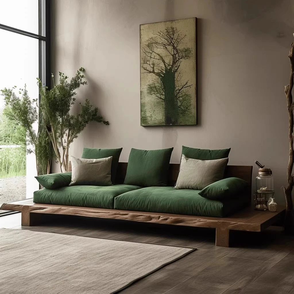 日式侘寂风原木自然边直排沙发椅罗汉床民宿酒店家具客厅实木沙发