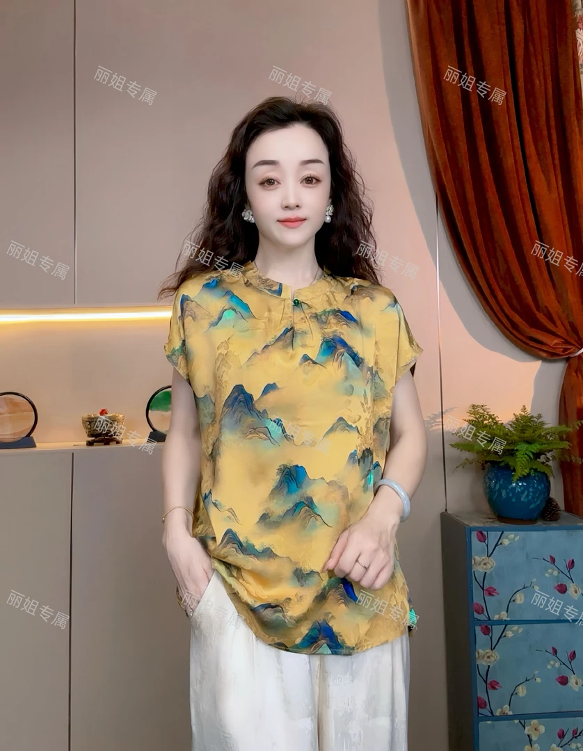 2025新款高端优雅一百香云沙山水画上衣小衫15658