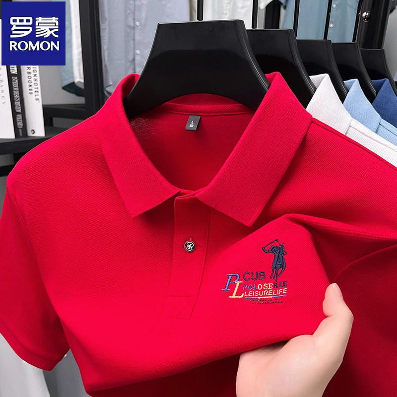 罗蒙高端刺绣男士短袖t恤夏季新款翻领polo衫休闲透气中青年体恤