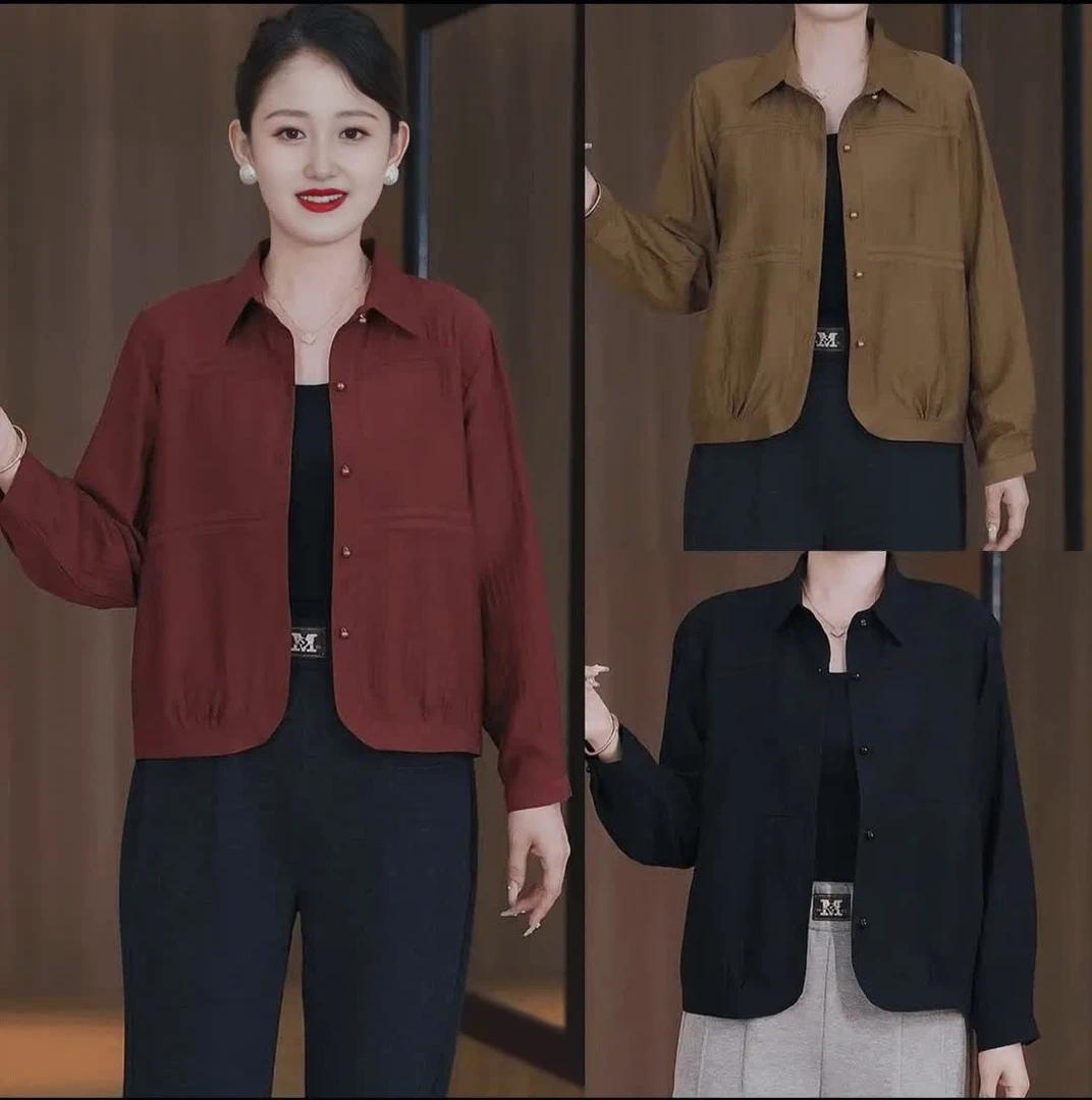 纯色洋气衬衫袖POLO领休闲风短外套女士春秋气质长袖大码薄款外搭