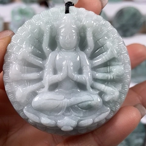 翡翠颈饰未镶嵌山水千手观音两面工福利有棉线福利