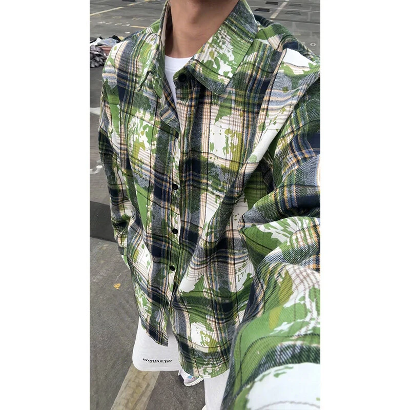 美式复古扎染绿色格子衬衫男夏季高级感痞帅cleanfit衬衣情侣外套