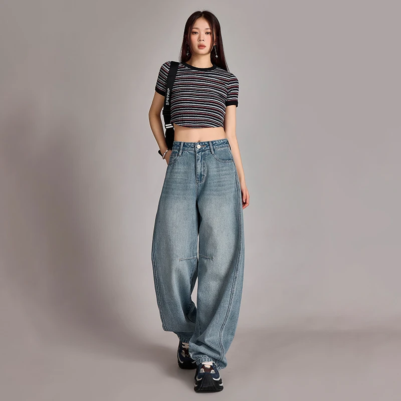 夏季原创新款阔腿牛仔裤女浅蓝色高腰垂感裤腿拼接线设计款弯刀裤