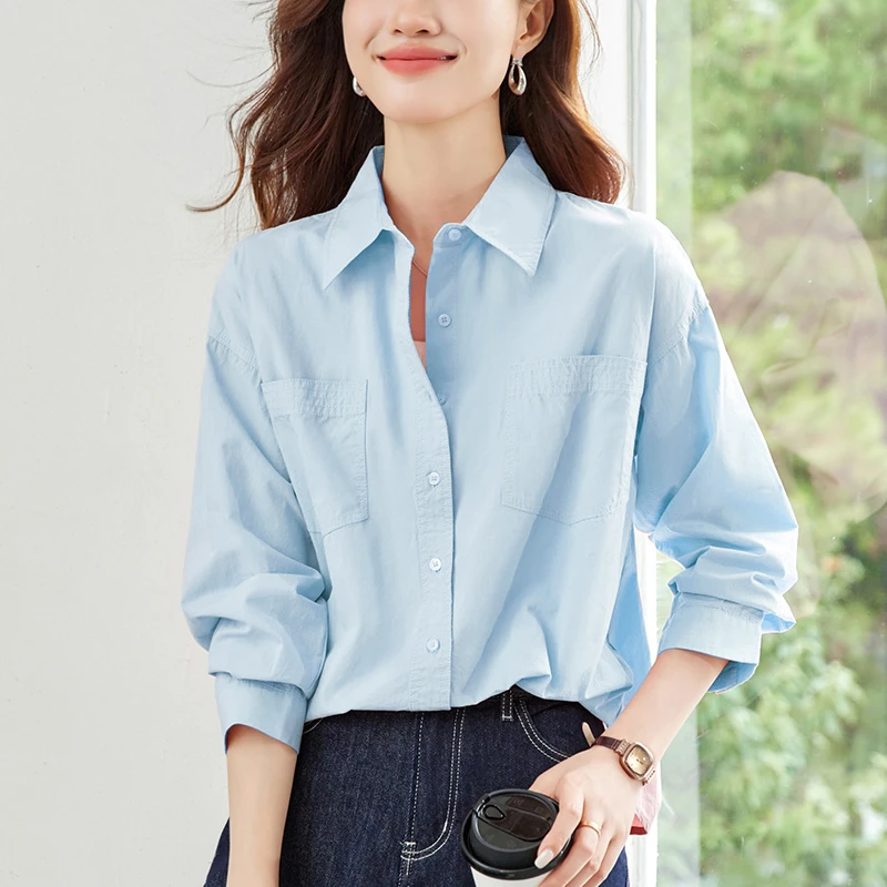 纯棉蓝色衬衫女中长款春秋新款2025时尚宽松洋气休闲长袖衬衣上衣
