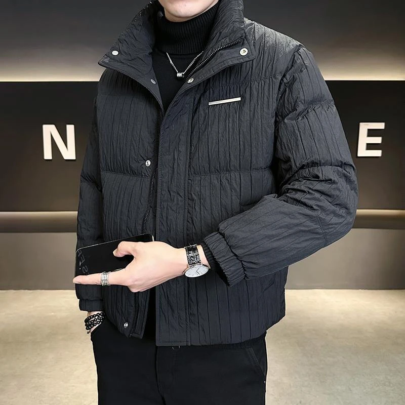 男款羽绒服2025新款条纹外套男士冬季加厚立领轻薄款夹克潮牌