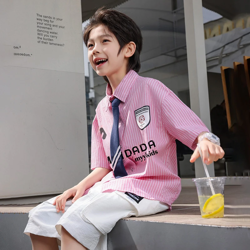 男童夏装套装2025新款中大童纯棉洋气休闲短袖衬衫学院风潮TZW224
