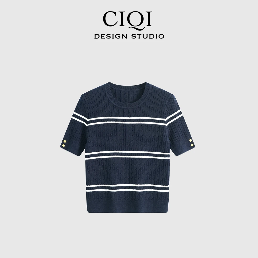 CIQI STUDIO【霍格沃茨】极简设计感撞色拼接条纹透气T恤DY25953