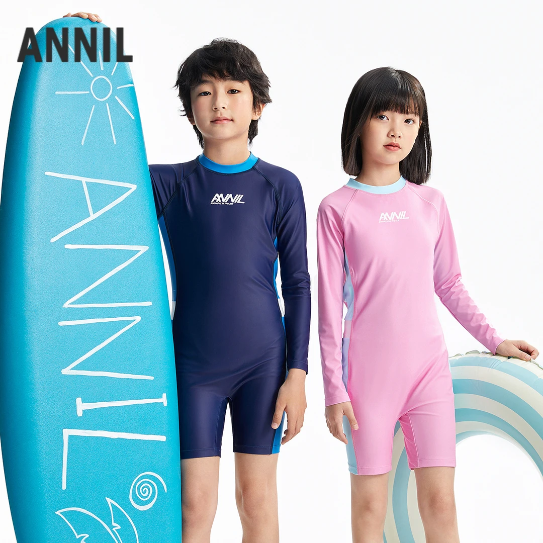 男女童连体长袖泳衣套装夏季新款安奈儿童装JM527055