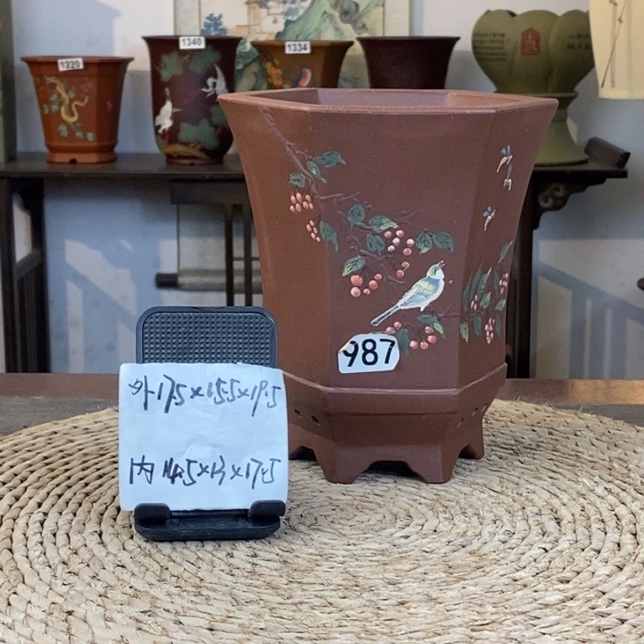 花盆紫砂  放漏紫泥樱桃手绘束腰六方987