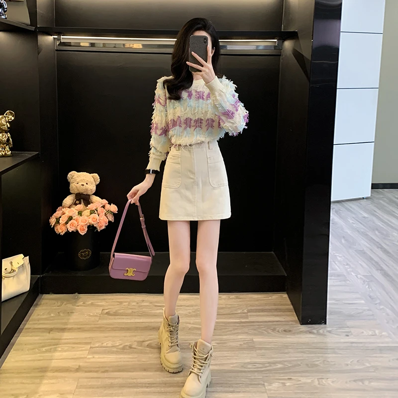 2025春季新款百搭设计感小众流苏针织衫长袖毛衣短裙时尚套装女