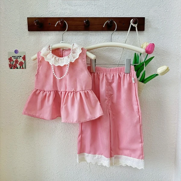 女宝夏季新款2025甜美蕾丝花边套装洋气宝宝阔腿裤套ZS-G-B14