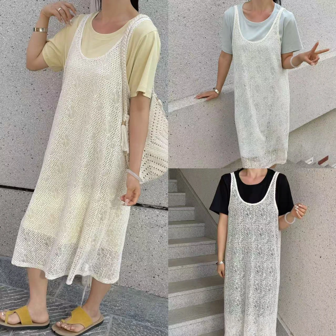 2妮妮家2331韩系慵懒风T恤连衣裙➕钩花镂空罩衫两件套