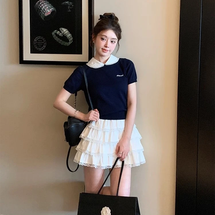 2025夏季新款学院风娃娃领短袖针织衫洋气减龄短款甜美T恤上衣女