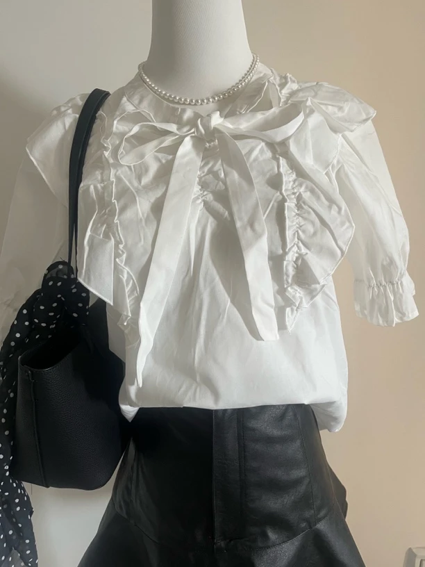 夏季女士纯棉白色泡泡袖蝴蝶结系带短袖衬衫