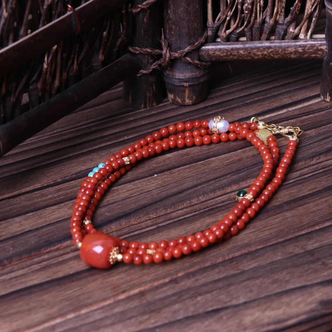 高品精美南红玛瑙3mm左右diy圆珠多圈项链一条d833