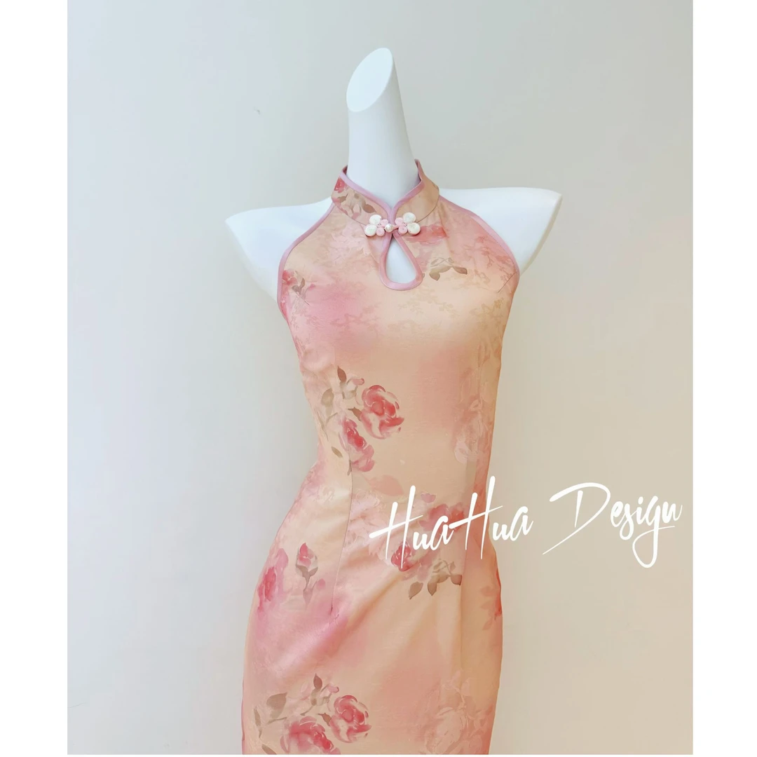 苏故里【粉荔枝】少女气质挂脖玫瑰提花旗袍日常旗袍单层衣长120