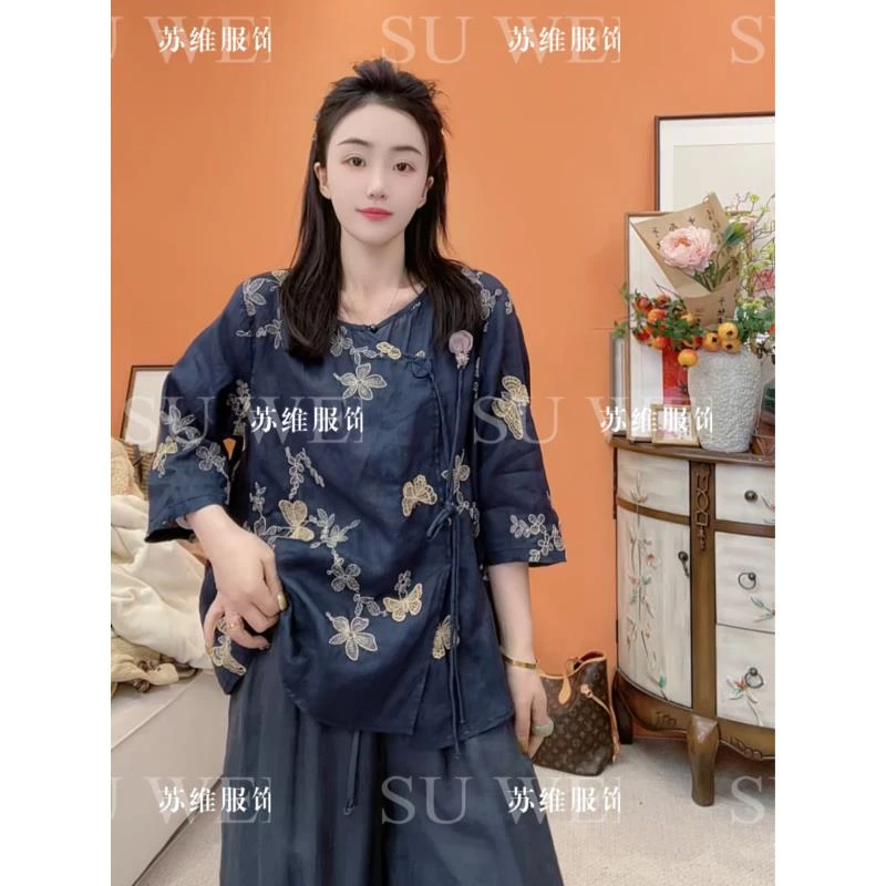 6868【金蝴蝶】原创苎麻刺绣高级手工款茶服显瘦百搭