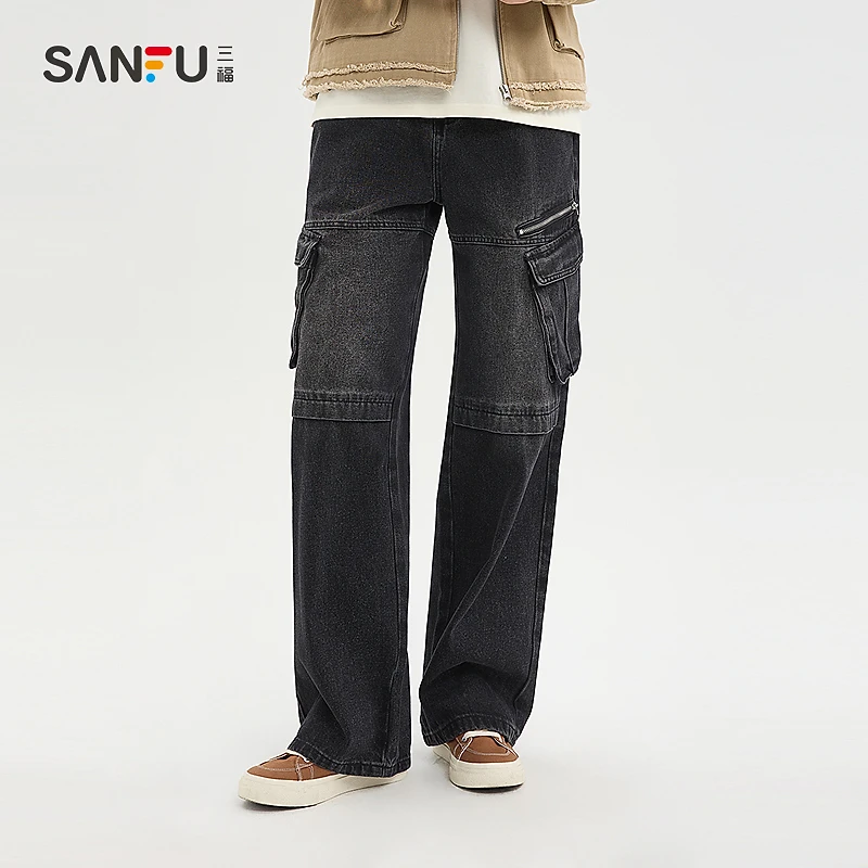 三福2025春季男士拉链工装牛仔裤 宽松大直筒长裤裤子497552