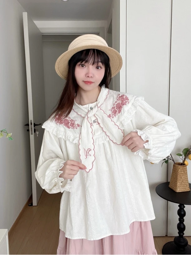 南橘/ 夜蔷薇/森女系宽松蝴蝶结绑带刺绣长袖衬衫甜美棉麻上衣春