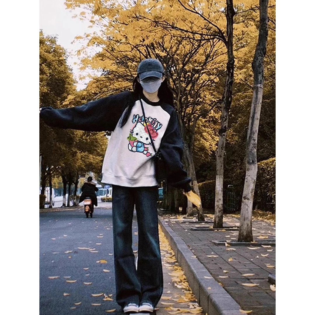 美式卫衣女小个子2025新款秋冬加绒加厚宽松大码胖mm圆领无帽外套