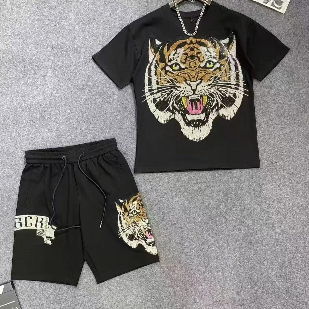 11877-929新款潮牌老虎短裤半袖套装重工烫钻时尚休闲男士T恤