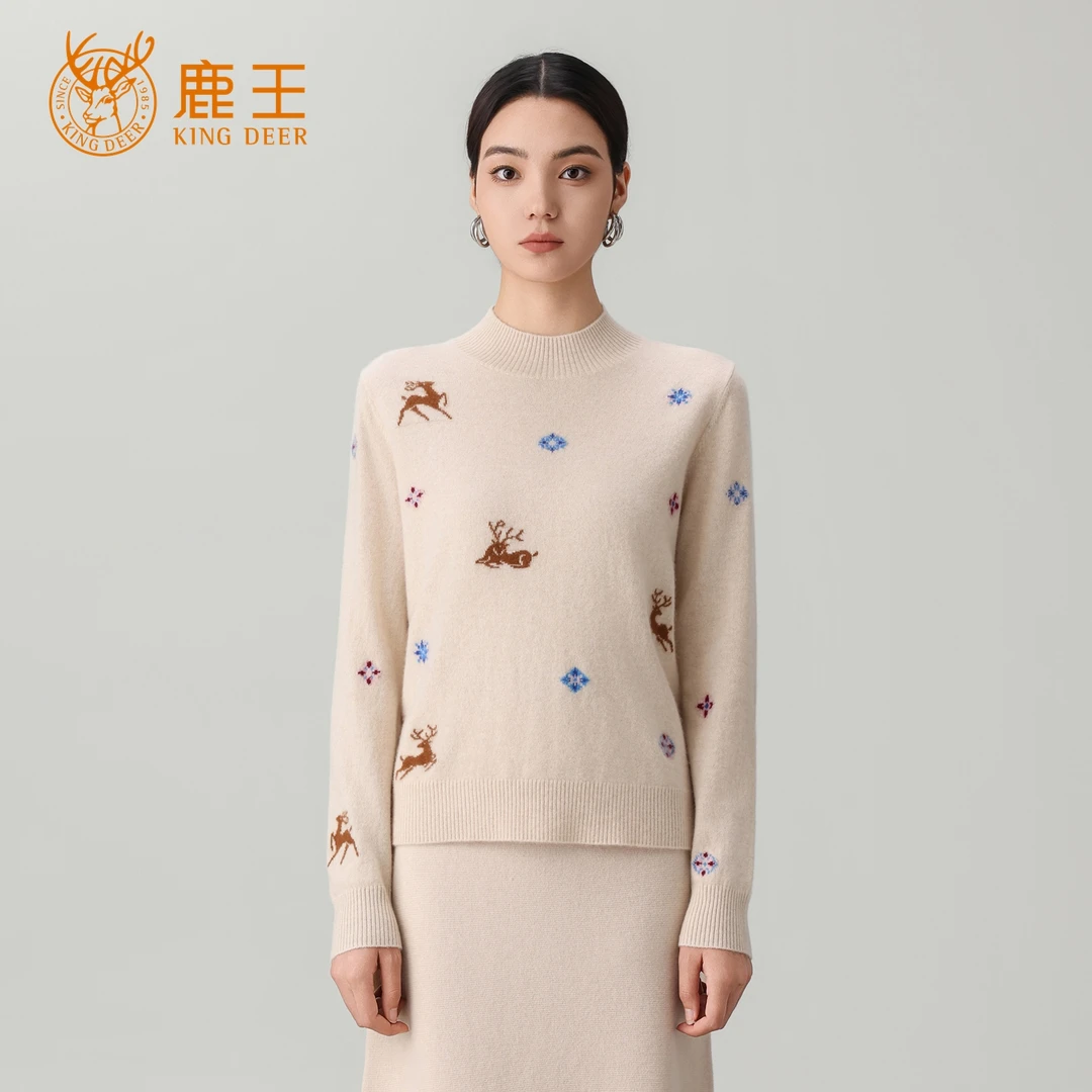 【40周年纪念款】鹿王女半高领100山羊绒福鹿宝相提花套衫 KD058