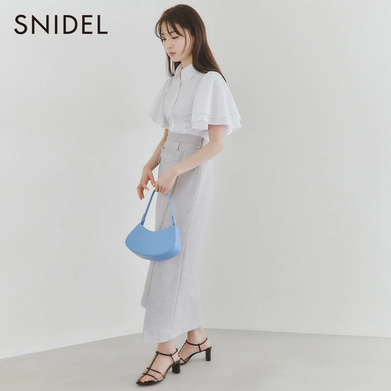 SNIDEL通勤百搭纯色荷叶边系带收腰衬衫