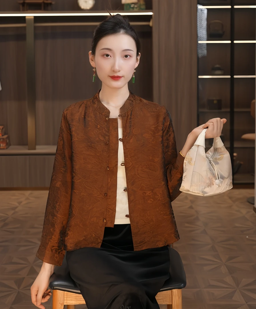 【栀初】春秋2025新款上衣小衫新中式女装立领提花秋季薄款长袖衬衫