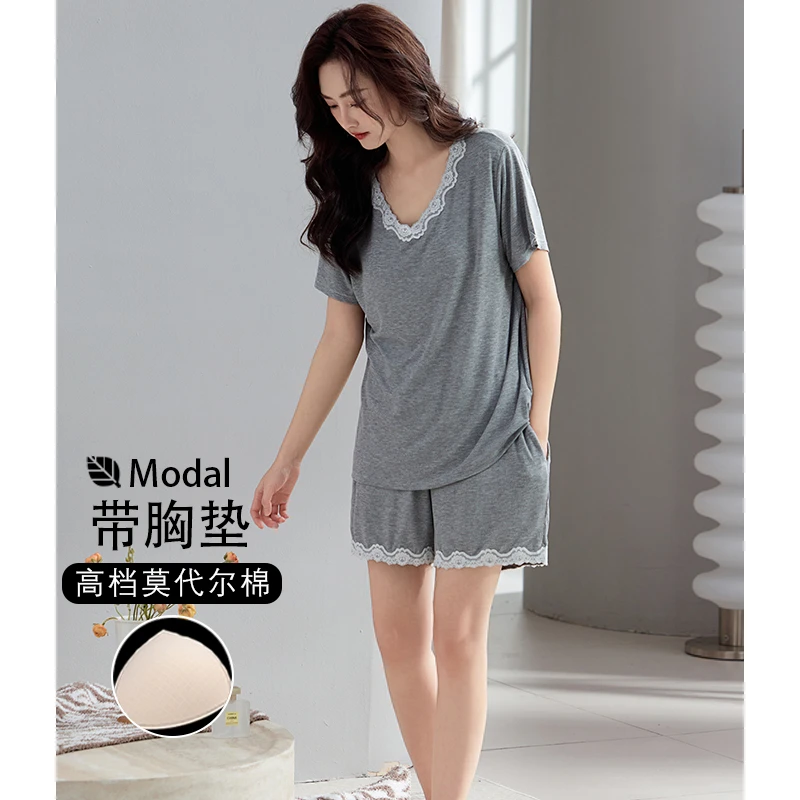 带胸垫睡衣女夏季莫代尔棉薄款短袖短裤蕾丝家居服可外穿两件套装