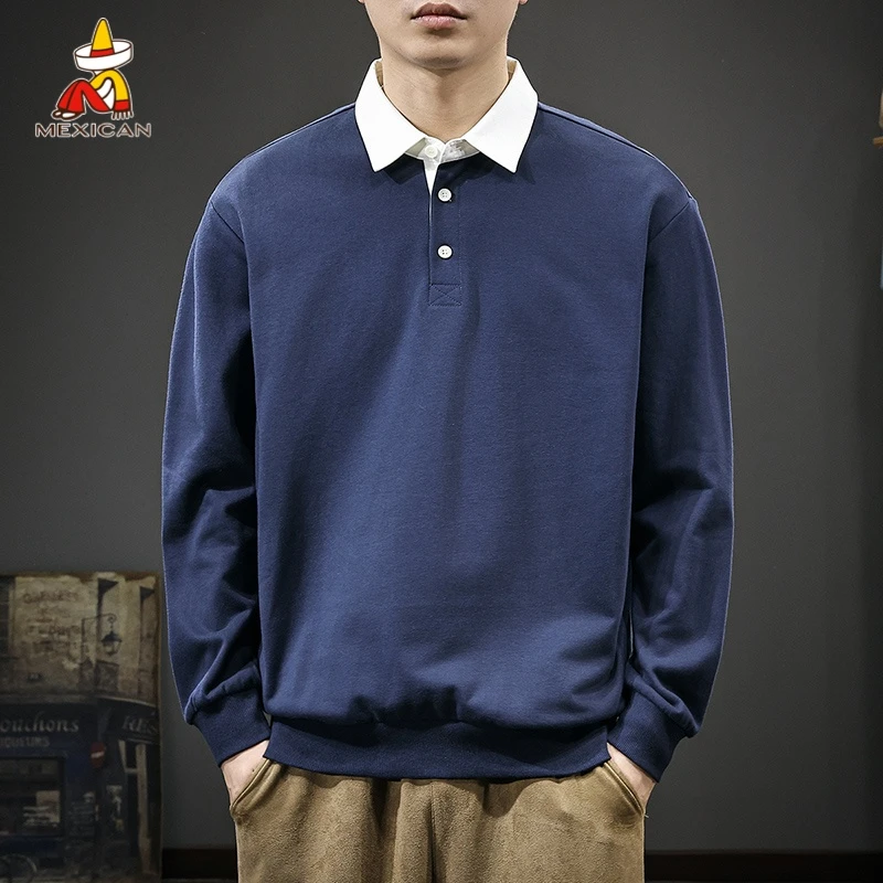 Mexican/稻草人美式复古翻领卫衣男春季宽松撞色长袖Polo衫男上衣