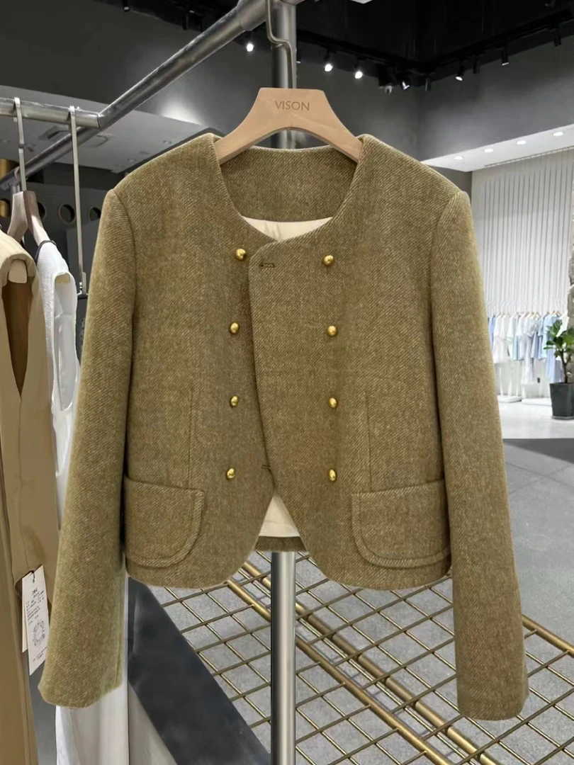 绿色毛呢小香风内胆秋冬外套女2024新款短款百搭上衣Y