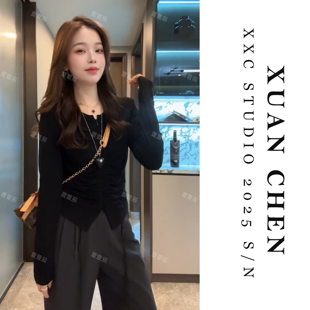 【赫本小调】黑色修身长袖T恤秋季长袖薄款女士气质上衣#8706