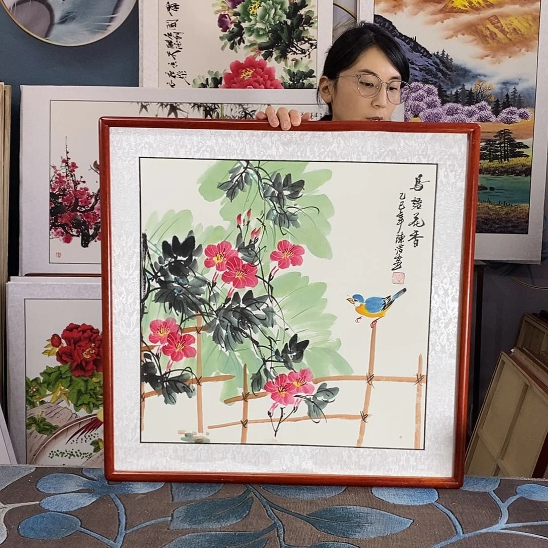 国画手写手绘国画作品带框包邮62✖️62