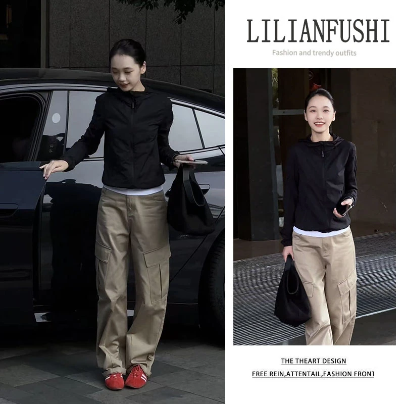 今年流行漂亮套装2025新款百搭纯色长袖连帽外套显瘦阔腿裤两件套