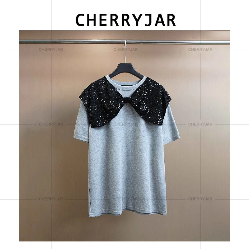 Cherryjar【6070】夏季花灰色拼接黑色蝴蝶结亮片海军领重工短袖