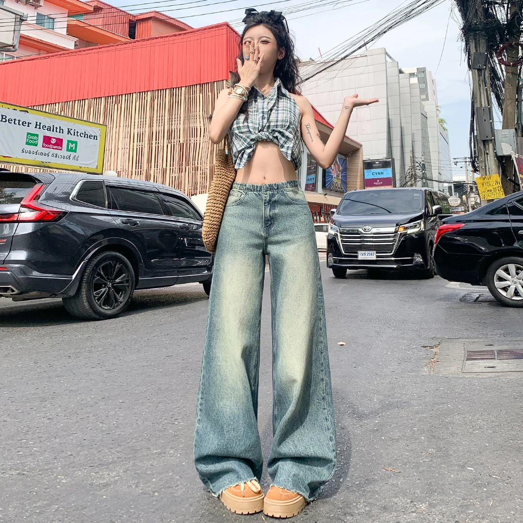 无腰头风2025春夏新款美式复古阔腿牛仔裤女宽松显瘦毛边阔腿裤