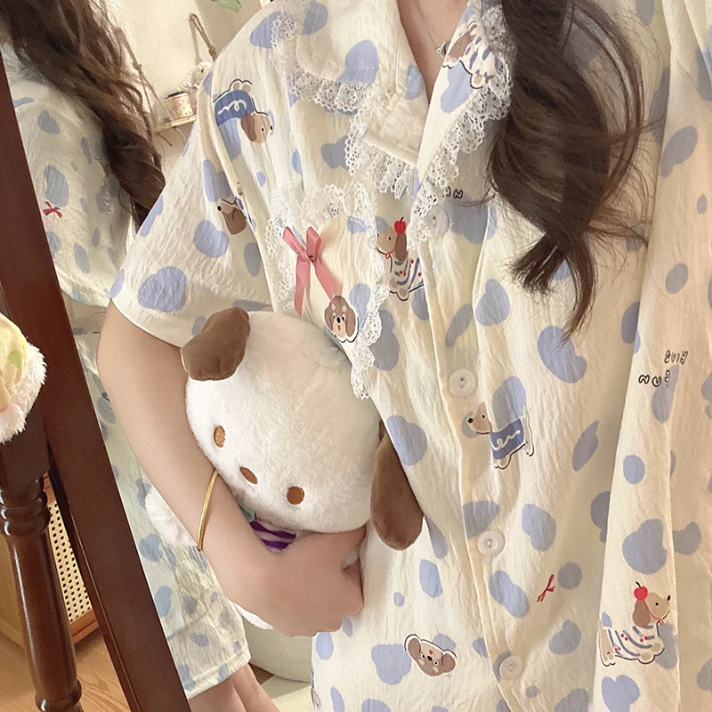日系云朵小狗泡泡棉带胸垫睡衣女夏天短袖学生ins风少女感家居服