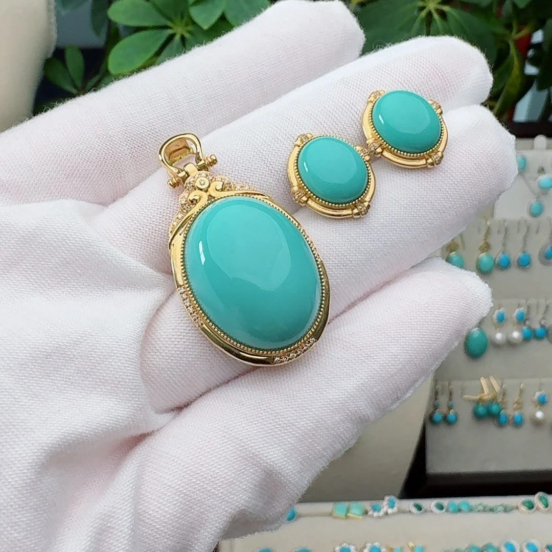 绿松石18K金镶嵌颈饰吊坠耳钉套装