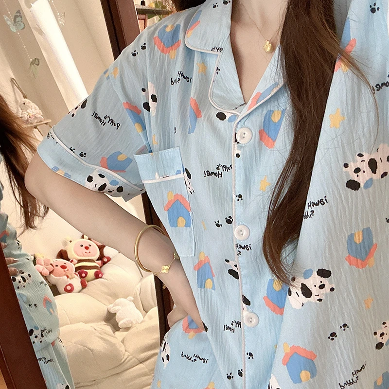 奶牛小狗三件套睡衣女款夏季泡泡棉短袖卡通2025年新款夏天家居服