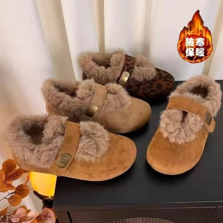 {啊泉新款毛毛单鞋女保暖加绒防滑包脚舒适百搭软底冬季时尚平底