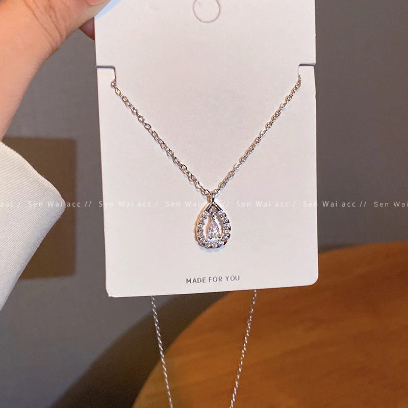 钛钢锆石项链 时尚简约水滴锆石钛钢项链轻奢小众设计高级感锁骨