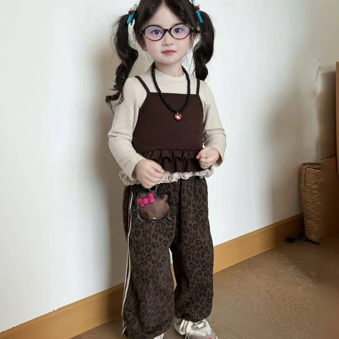 春秋秋季套头女休闲风豹纹套装秋冬加绒小香风极女童套装