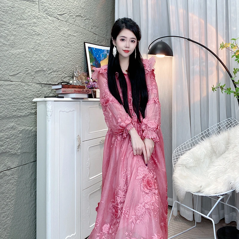 Bikamo/比卡陌早春新款长袖连帽刺绣收腰连衣裙A字裙L89631-2粉色