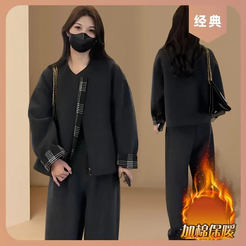 2025秋冬季新款毛呢小个子加棉加厚保暖显瘦外套高腰阔腿裤两件套